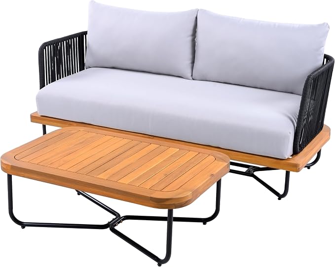 Christopher Knight Home Elly Acacia Wood Outdoor Loveseat and Coffee Table Set, 2 Piece Patio Furniture Set with Metal Frame, Outdoor Conversation Set with Cushion for Backyard, Black+Light Grey+Teak