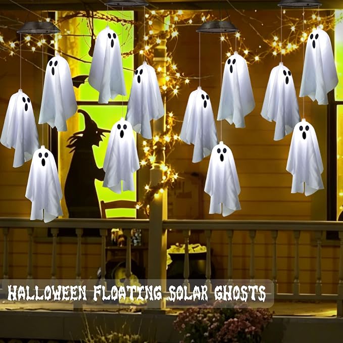 2Pack Hanging Ghost Swing Solar Lights for Halloween Decorations | 6Pc Spooky White Ghosts with ON/FLASH Lighting Mode, Cute Light Up Ghost Kit for Garden Yard Tree Front Porch Halloween Decor
