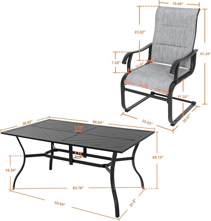NUU GARDEN 7 Piece Outdoor Dining Set, 6 All Weather Padded Textilene Patio Chairs and 61" Rectangular Dining Table with 1.77" Umbrella Hole, for Garden, Patio, Light Grey and Black