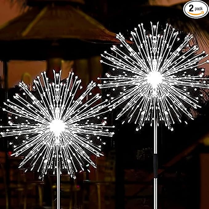 Solar Firework Lights, 2 Pack 120 LEDs 2 Lighting Modes Solar Garden Lights Outdoor Waterproof for Yard Patio Walkway Pathway Party Wedding Christmas Decorative- Cool White