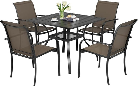 5-Piece Patio Dining Set,4 Person Outdoor Table and Chairs Set, 4 Metal Dining Chairs and Square Outdoor Table with 1.57" Umbrella Hole,Khaki