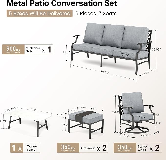 SUNSHINE VALLEY 6 Piece Metal Outdoor Patio Furniture Set, Patio Conversation Sets 1 3-seater Sofa, 2 Swivel Chair, 2 Ottomans with 5.75" Thick Cushion and Coffee Table, Black Backyard Furniture, Gray