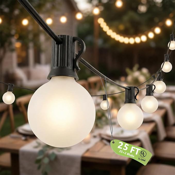 G40 Outdoor Frosted String Lights, 25FT, 25-Light, Black Wire | Soft Frosted Glow, IP44 Weatherproof, 5W Glass Incandescent Bulbs, E12 Bases, 2 Spares, End-To-End Connectable, for Bistro