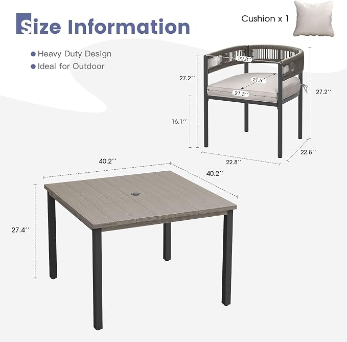 VICLLAX Patio Dining Set, 40.2" Grey Table & 4 Chairs with Wheat Cushion | Outdoor Table and Chairs Set of Square Metal Patio Table, Outdoor Dining Chairs with Metal Frame, Garden Deck Porch