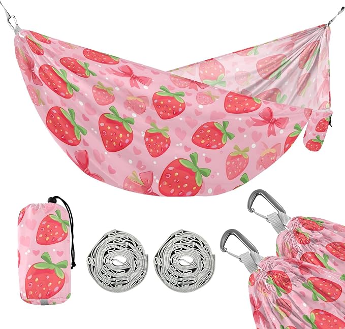 Camping Hammock Outdoor Hammocks for Outside Strawberry Bows Beach Trees Portable Lightweight with Pockets Tree Straps Indoor Small