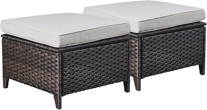 Rilyson Luxury Outdoor Wicker Patio Ottomans Set of 2, 250 lbs Capacity Rattan Large Ottomans for Patio Footrest Set 22.8in*22.8in*14in with 3.5in Thick Cushion (Brown/Beige)