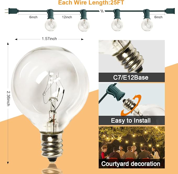 25Ft Outdoor Christmas String Lights, G40 Warm White Christmas Decorations Lights with 27 Incandescent Globe Bulbs, Vintage Christmas Lights for Xmas Tree Party Backyard Wedding Garden Holiday Patio