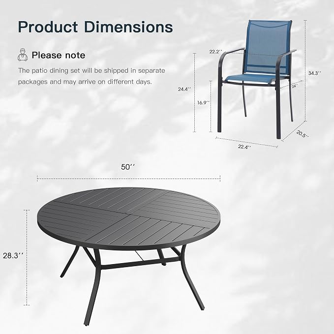 VICLLAX 7 Pieces Patio Outdoor Dining Set, 50" Round Metal Table with Umbrella Hole and 6 Stackable Textilene Chairs for Patio, Lawn, Garden, Porch, Black/Dark Blue