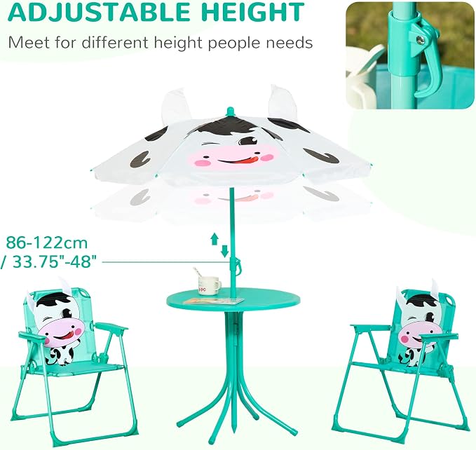 Outsunny Kids Table and Chair Set, Outdoor Folding Garden Furniture, Picnic Table for Patio Backyard, with Removable & Height Adjustable Sun Umbrella, White