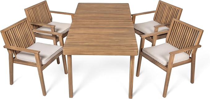 Merax 5 Piece Patio Furniture Set, Acacia Wood Outdoor Dining Set with 1 Table & 4 Heavy-Duty Cushioned Chairs for Porch, Backyard, Garden, Poolside, Indoors, Easy Assembly, Brown