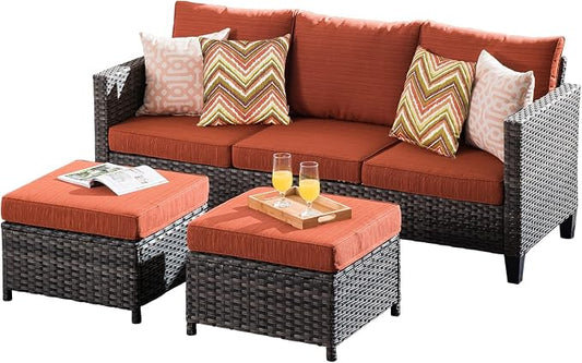 ovios 3 Pieces Patio Furniture Set Outdoor Sofa with Ottomans, Wicker Rattan Couch with Footrests Comfy Cushions, All Weather Sofas Couches for Porch Backyard Garden, Orange Red