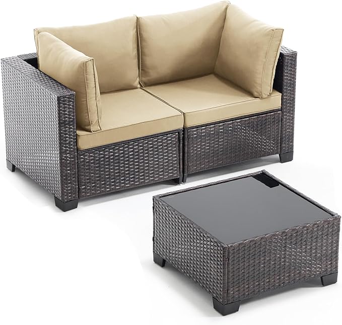 ANJ 3 Piece Outdoor Wicker Patio Furniture Set, Modular Loveseat Sofa with with Glass Top Coffee Table, All-Weather Rattan Conversation Couch Set for Balcony, Backyard, Dark Brown Wicker-Camel