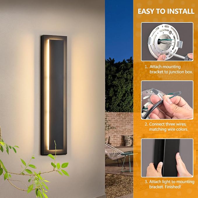 23.6 Inch Modern Outdoor Wall Sconce, Long Black LED Exterior Lighting Fixtures, Modern Large Outdoor Front Porch Lights Outside Wall Mount Lights for House, Warm White 3000K, 1 Pack