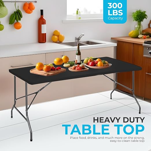 Simpli-Magic 6ft Portable Plastic Folding Table – Indoor & Outdoor Heavy-Duty Foldable Utility Table w/Handle for Party & Camping (Black)