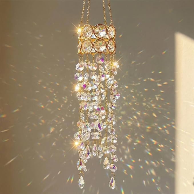 Crystal Suncatchers for Window Hanging Decor, Prism Rainbow Maker with Chain & Hook, Ornament for Ceiling, Garden, Home, Indoor & Outdoor Decoration, Transparent/Ab