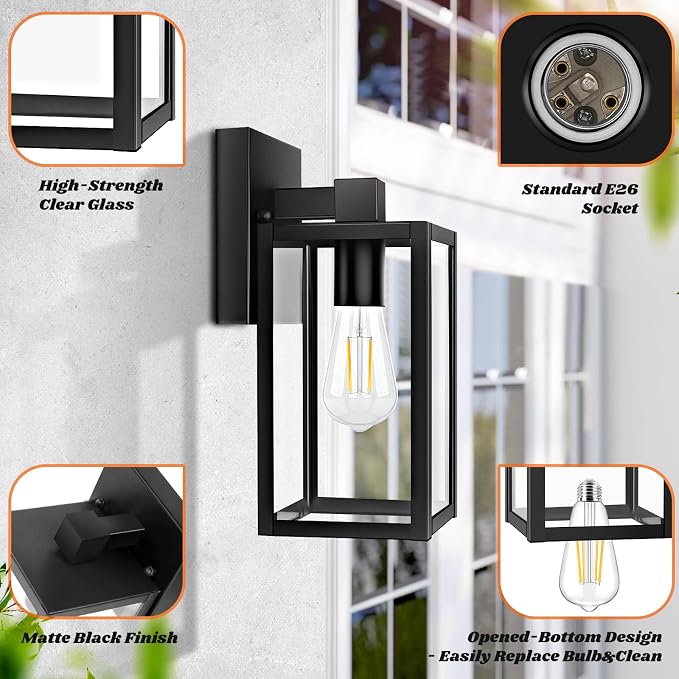 2-Pack Outdoor Wall Lantern, Exterior Waterproof Wall Sconce Light Fixtures, Black Outside Wall Lights with Clear Glass for House, Porch, Front Door, Garage, Patio, Bulbs Not Included