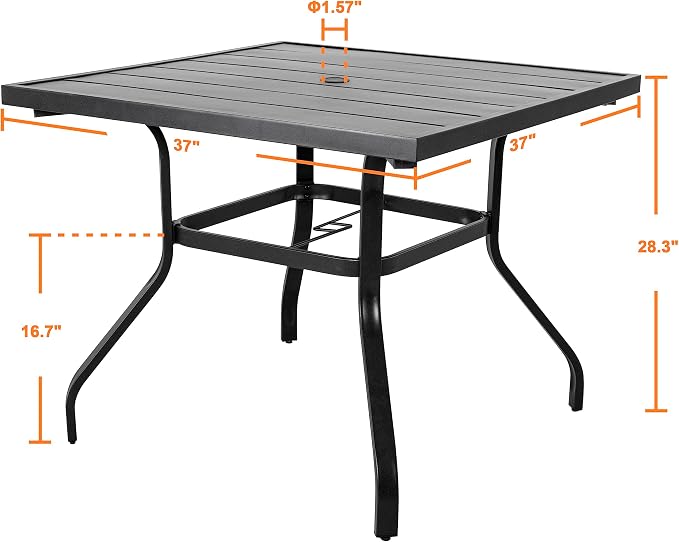 NUU GARDEN Outdoor Patio Dining Table, 4-Person Steel Slat Square Table, Modern Black Backyard Bistro Table with Umbrella Hole