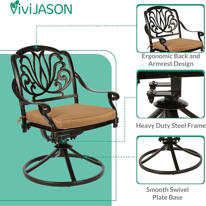 VIVIJASON 9-Piece Outdoor Furniture Dining Set, All-Weather Cast Aluminum Patio Conversation Set, Include 6 Stationary Chairs, 2 Swivel Dining Chairs and an Oval Table with Umbrella Hole