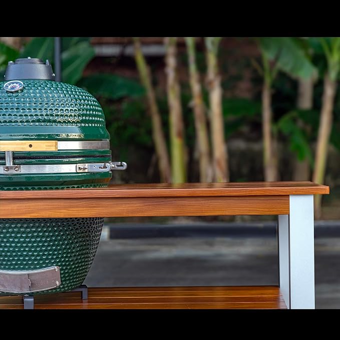 African Teak Grill Table for Large Big Green Egg, Outdoor Wood Table with Aluminum Legs and 3-Inch Locking Casters,Low Maintenance & Easy Assembly Tables for Garden | Natural