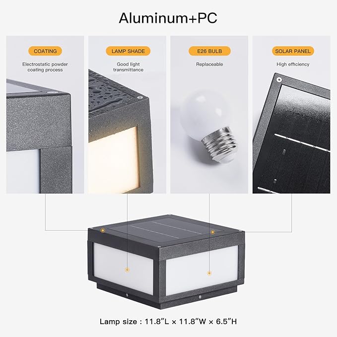 MVBT 12" Solar Post Lights Outdoor, Square Pillar Light, Large Column Light | 3000K LED Modern Column Light, Solar Power Aluminum Waterproof Post Lamp, Dusk to Dawn Lantern for Driveway Entrance Pillars