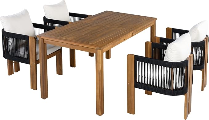 Merax Luxury 5-Piece Outdoor Patio Dining Set for 4, Solid Acacia Wood Dinning Set with Rope Woven Chairs,Farmhouse Dining Furniture Set for Garden, Backyard, Poolside, Brown+Black