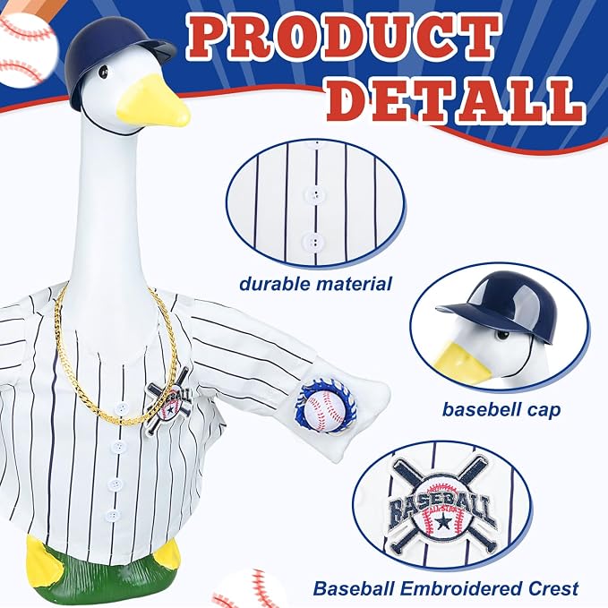 MOVINPE Baseball Goose Outfit for 23" Porch Goose Statue, Blue & White Pinstripe Team Uniform Set with Bat, Glove, Helmet, #1 Yard Sign & Trophy – Sports Lawn Decor Outdoor Patio Yard Decor