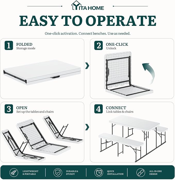 YITAHOME 4.5ft Folding Picnic Table with Benches, Heavy Duty 4.5 ft Picnic Tables for Outdoors, Portable Outdoor Table with Center Lock & Non-Slip Feet for Backyard, Camping, Beach, White