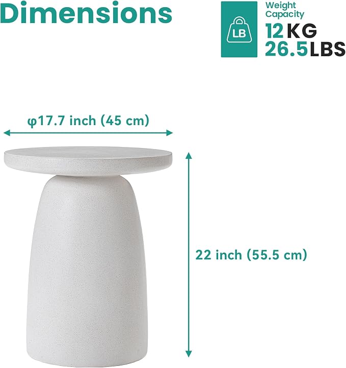 SUNBURY Outdoor Side Table, 22" H Concrete End Table Pebble Shaped, Lightweight Round Accent Table, Decorative Coffee Table, Garden Planter Stand for Patio, Porch, Living Room Decor, Spotted White