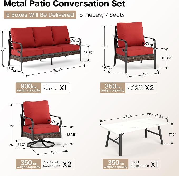 SUNSHINE VALLEY 6 Piece Metal Outdoor Patio Furniture Set, Patio Conversation Set with Swivel Chair and 5.75" Thick Cushion & Coffee Tabl, Outdoor Seating Black Frame Backyard Furniture, Rust Red