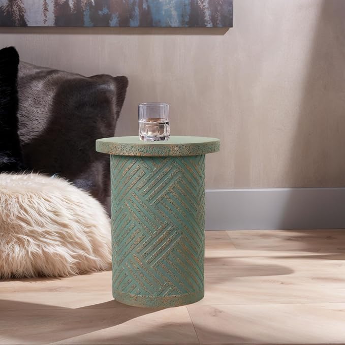 17INCH Stone Side Table,Round Faux Marble Side Table,Modern Small Stone End Table for Balcony (Green-17-7)