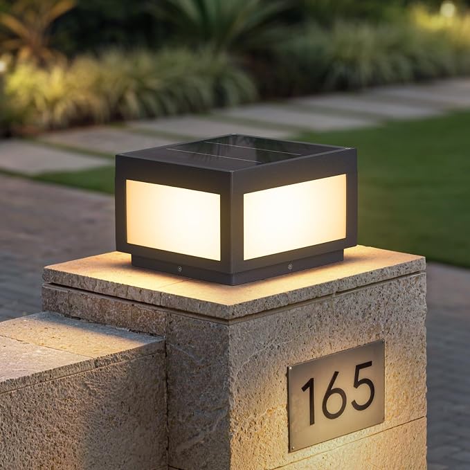 MVBT Square Solar Post Lights, 10" Column Light, 3000K Pillar Light Outdoor | Modern Column Lamp Waterproof, Dusk to Dawn Post Lantern, Stainless Steel Gate Post Light for Outside Patio Yard Fence Deck