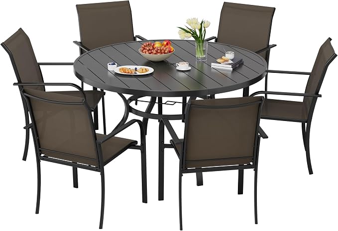 7-Piece Patio Dining Set,6 Person Outdoor Table and Chairs Set, 6 Metal Dining Chairs and Round Outdoor Table with 1.57" Umbrella Hole,Khaki
