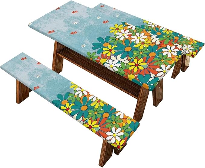 Daisy Picnic Table Cover with Bench Covers Reusable Rectangle Table Cover Outdoor Patio Camping Essentials 72 inch 3PCS Camping Fitted Tablecloth Ideal for Patio Party