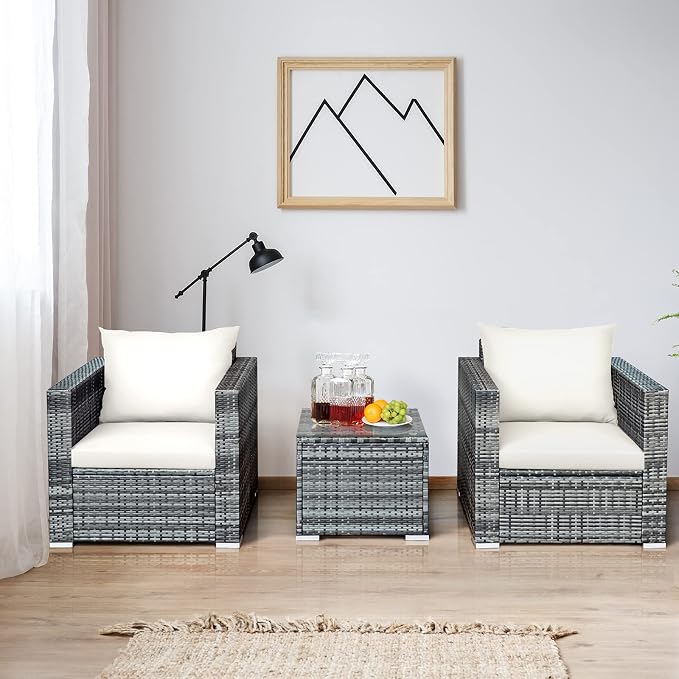 Tangkula 3 Pieces Patio Furniture Set, PE Rattan Wicker Sofa Set w/Washable Cushion and Tempered Glass Tabletop, Outdoor Conversation Furniture for Garden Poolside Balcony
