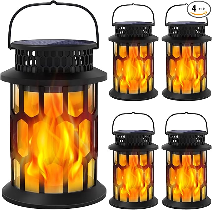 Solar Lights for Outside, Upgraded Solar Lanterns Flickering Flame Outdoor Waterproof Hanging Lanterns Decorative Solar Powered Outdoor Lighting LED Flame Garden Lights for Patio Deck Yard, 4 Packs
