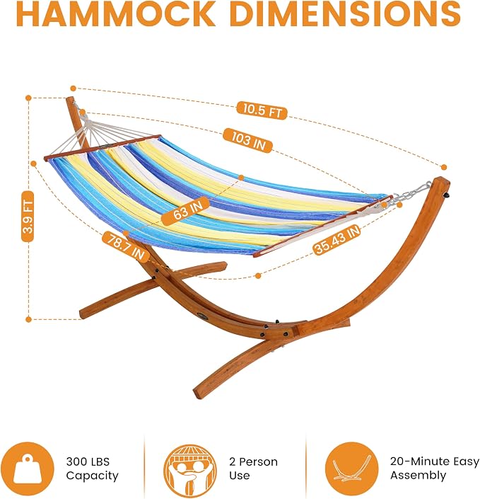 Lazy Daze Hammocks Cotton Fabric Spreader Bar Hammock and 10.5 Ft Wood Arc Hammock Stand Combo, for Outdoor, Indoor, Patio, Backyard, Blue and Yellow