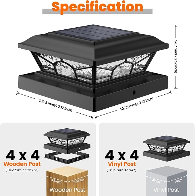 4x4 3.5x3.5 Solar Post Cap Lights 6-Pack Black | 2 Modes (Warm/Cool White), 16LEDs, for Wooden/Vinyl Posts, IP65 Waterproof, Outdoor, for Fence, Deck, Patio, Yard, Porch