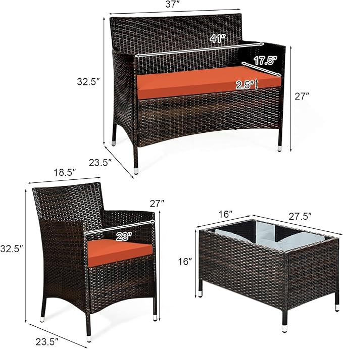 HOMGX 4 Piece Rattan Patio Furniture Set, Sectional Sofa Chair, Wicker Set with Tempered Glass Coffee Table & Thick Cushions, Wicker Patio Set for Garden, Lawn, Poolside, Backyard (Orange)