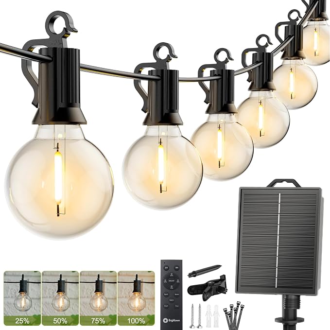 Brightown 37FT Solar String Lights Outdoor, IP65 Waterproof, Remote, Timer | Patio Lights with 10 LED Shatterproof Bulbs, 3 Light Modes, Dimmable, Outside Light for Backyard Porch Yard Party Xmas Decor