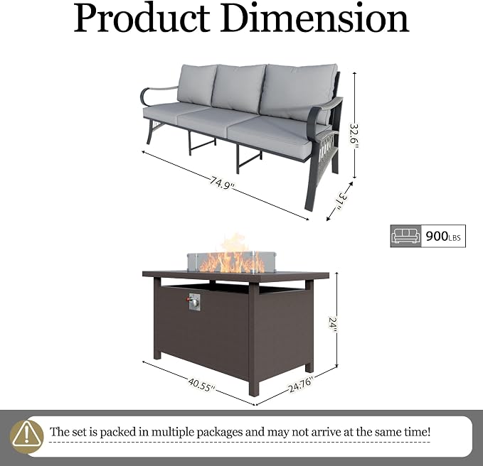 Outdoor Furniture Set, Patio Conversation Set Include 2 x 3-Seater and Fire Pit Table for Deck, Porch, Garden, Backyard, Poolside (Gray, 3-Piece)