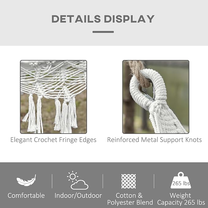 Boho Hammock Bed, Extra Large White Tree Hammock Hanging Bed with Macrame Tassel Fringe and Carrying Bag for Indoor Outdoor Backyard Patio Garden Relaxation