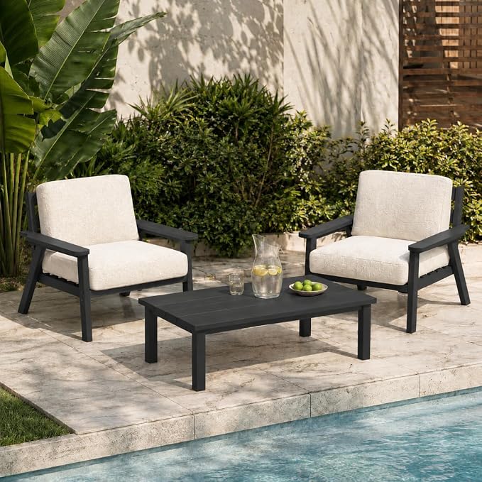 43.9" HDPE Outdoor Coffee Table, (Black) | All-Weather HDPE, Easy Assembly, Low-Maintenance, Large Tabletop, For Patio Deck Poolside Backyard Use