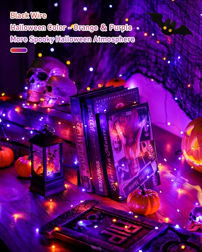JMEXSUSS Solar Halloween Lights Orange and Purple, 2 Pack Total 200LED 66FT | Outdoor Waterproof, 8 Mode Black Wire Solar Fairy String Lights for Outside Yard Patio Garden Spooky Party Decorations