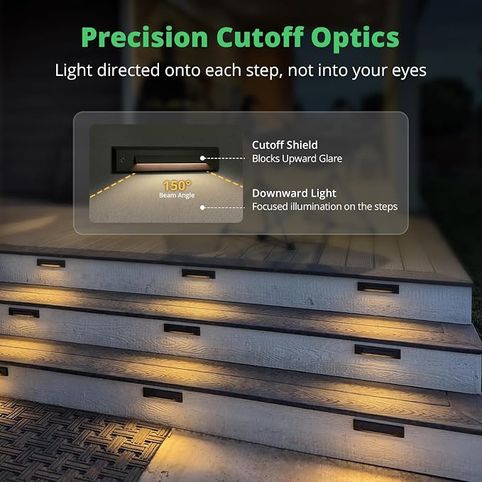 12 Pack Low Voltage 9-15V AC/DC LED Linear Step Lights, 2W Landscape Cutoff Stair Riser Light, Outdoor Waterproof Accent Lighting Fixtures, Die-cast Aluminum, Black Powder Coated Finish
