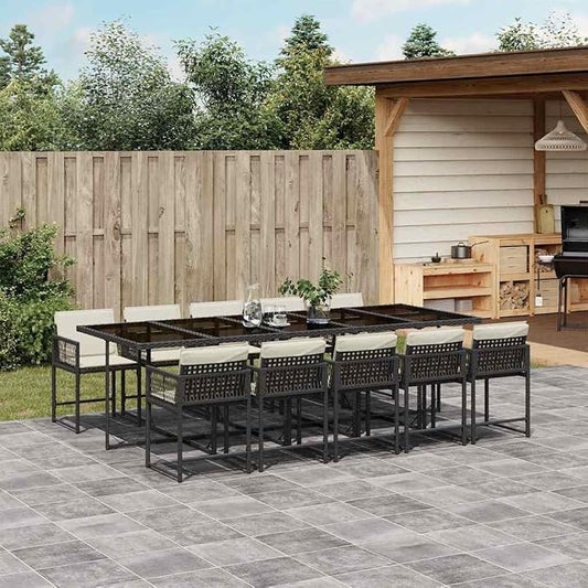 11 Piece Patio Dining Set with Cushions, Black Poly Rattan Outdoor Dining Table and 10 Stackable Chairs for Garden, Backyard, Deck, UV-Proof Tempered Glass Tabletop, Easy Assembly, 242.5 lb Capacity