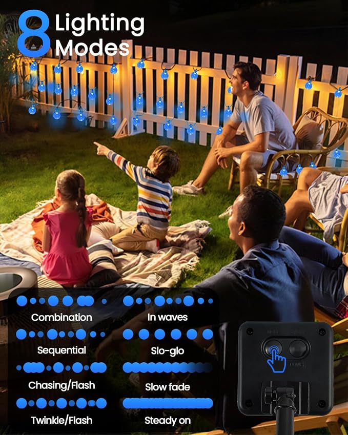Solar String Lights Outdoor Waterproof 2 Pack 120 LED 72FT Patio Lights | Blue Crystal Globe, 8 Lighting Modes, Auto On/Off, Solar Powered String Light for Outside Yard Wedding Party Tree Decorations