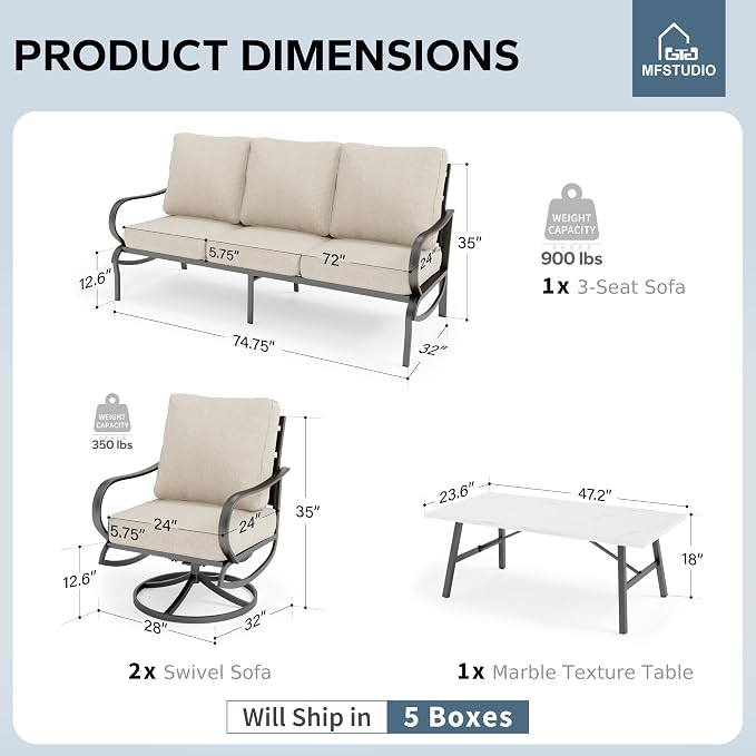 MFSTUDIO 4 Pieces Patio Conversation Sets(5 Seat),Outdoor Metal Furniture Sofas with 1 Loveseat(3 Seat), 2 Swivel Chairs,1 Coffee Table,Wrought Iron with Beige Cushion for Patio Courtyard Balcony