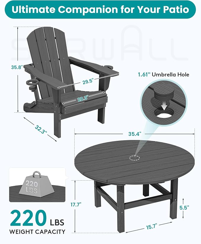 SERWALL 35.5'' Round Outdoor Table with Umbrella Hole, HDPE Weatherproof Coffee Table, Grey