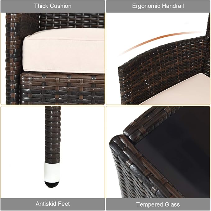 4 Pieces Patio Sofa Set, Wicker Conversation Set with Ergonomic Curved Backrest, Patio Rattan Furniture Set with Soft Cushion, Gray Cover & Tempered Glass Table for Balcony, Porch (Brown)