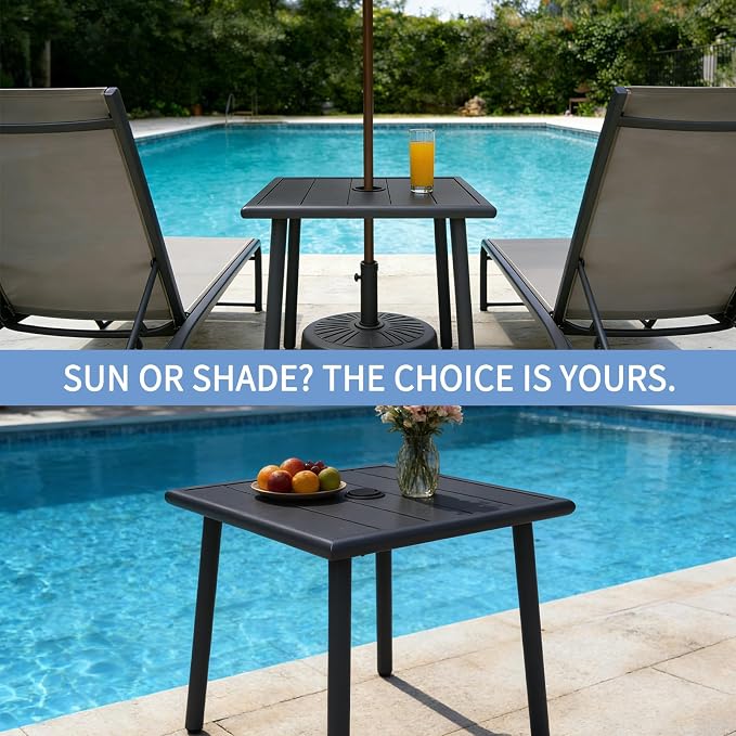 Small Metal Outdoor Side Table with Umbrella Hole, Sqaure Patio Coffee Bistro Table End Table, Umbrella Table with Hole for Poolside Backyard Porch Deck Balcony,19.7x19.7 inches, Black
